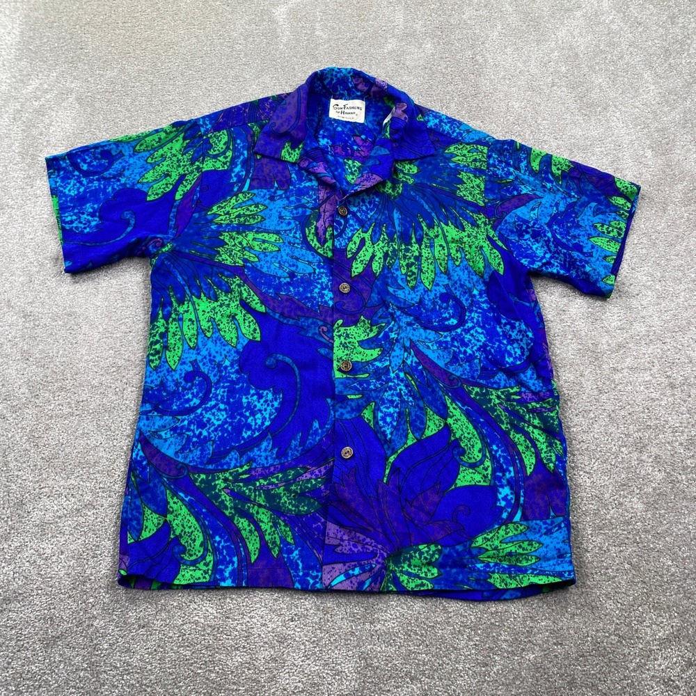 Vintage Sun Fashions of Hawaii Blue Green Floral Tropical Camp Shirt Mens L